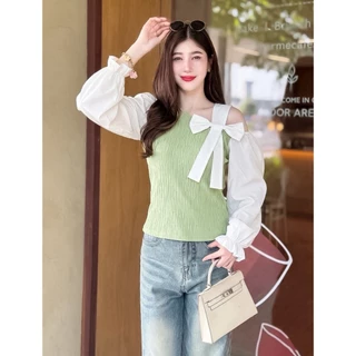 เสื้อแฟชั่น ผ้าเปลือกไม้ แขนยาวแต่งผ้าไหมอิตาลี เว้าไหล่แต่งโบว์ข้าง ใส่เที่ยว ใส่ทำงาน ใส่ออกงาน ใส่แมท LG264