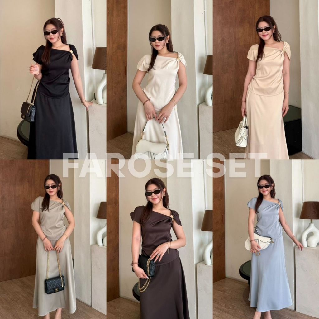 Farose Set:: ชุดเซ็ท 2 ชิ้นกระโปรงยาว ชุดเซ็ทกระโปรง เสื้อแต่งอะไหล่จับจีบหน้า เสื้อปาดหน้า เรียบหรู BETTY (B064)