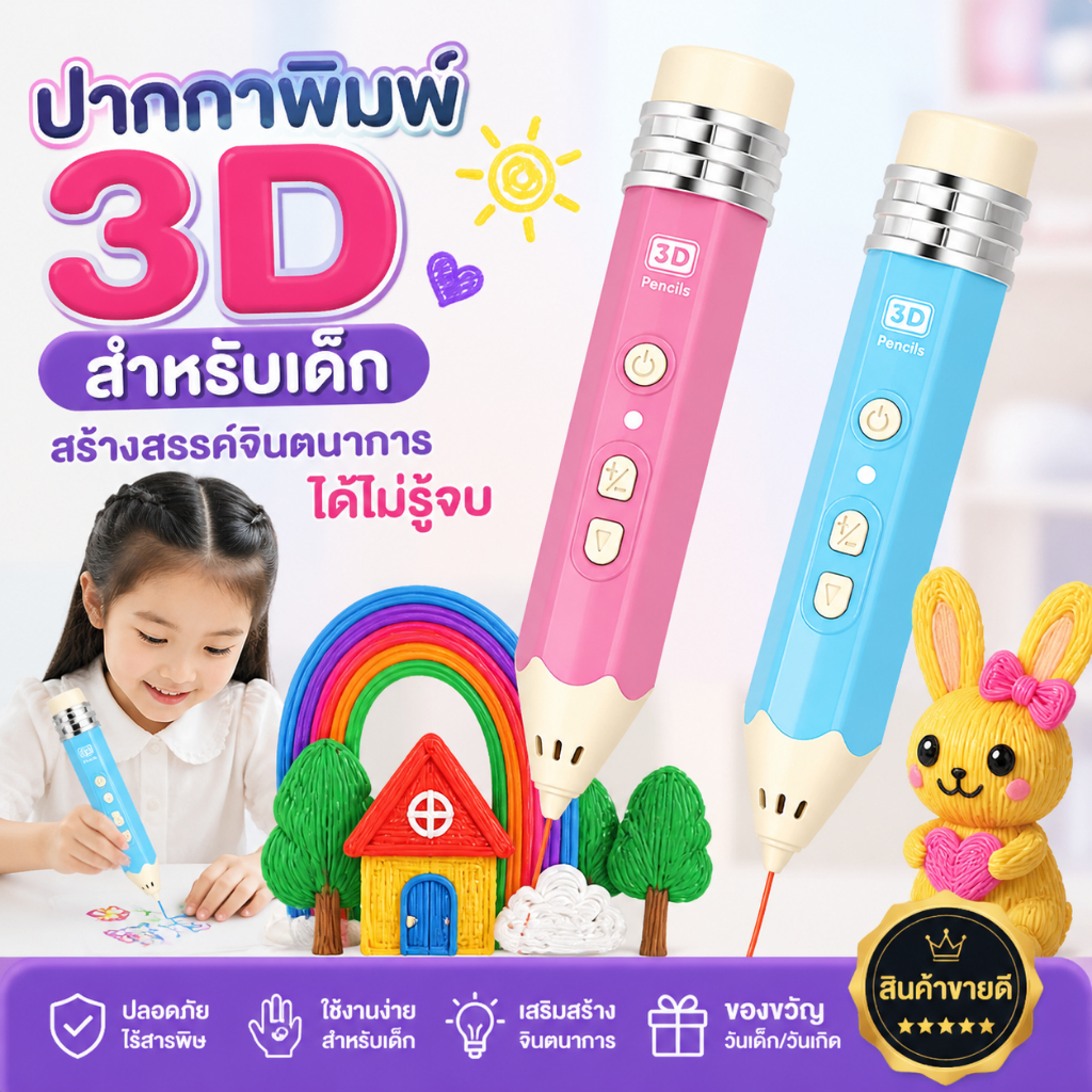 ปากกาพิมพ์ 3D สำหรับเด็กและผู้ใหญ่ วาดสามมิติ เสริมจินตนาการ ใช้งานง่าย ปลอดภัย สร้างสรรค์งานศิลป์