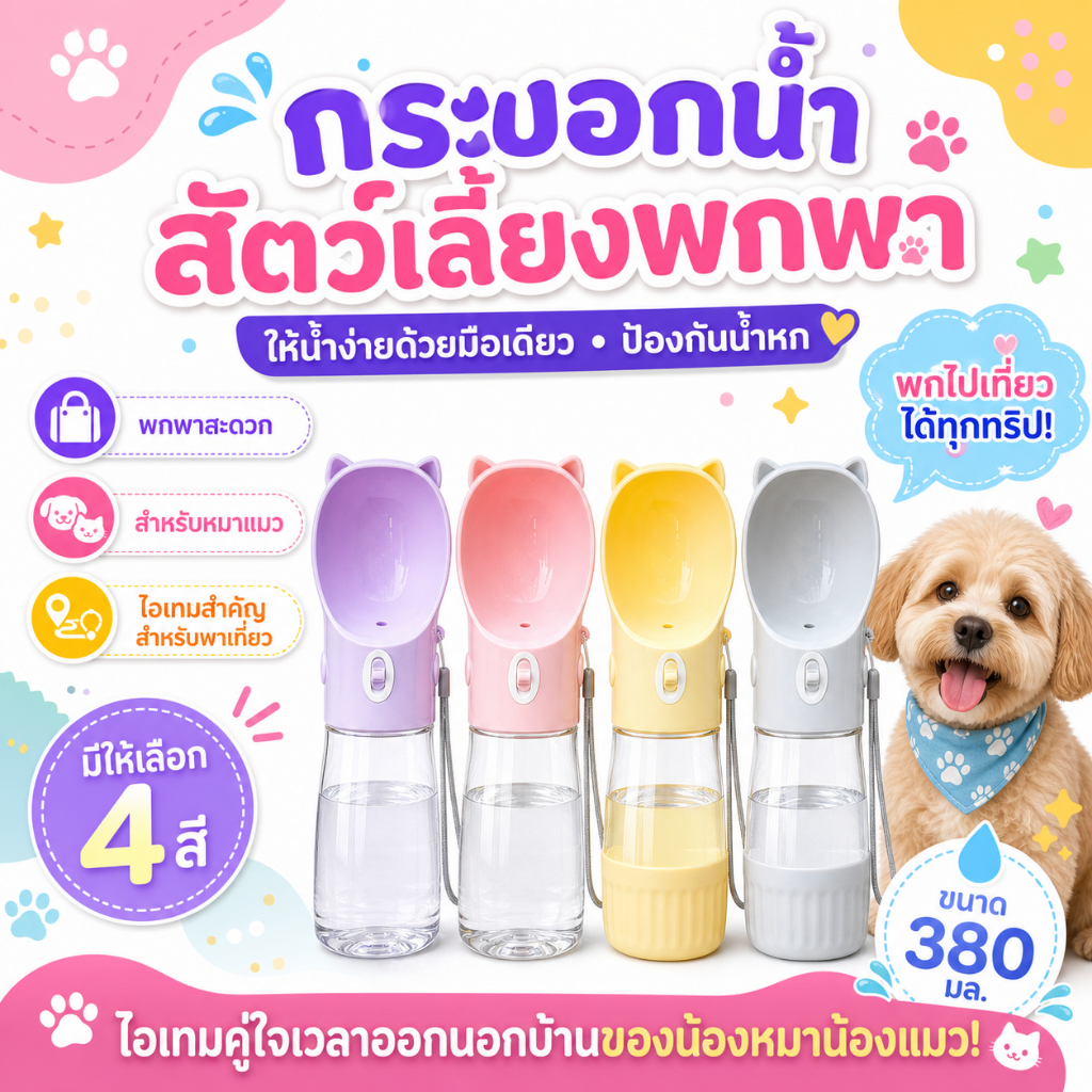 ขวดน้ำสุนัข-แมวแบบพกพา เปิดปิดน้ำอัตโนมัติ ป้องกันน้ำหก เหมาะสำหรับพาเที่ยว ขนาดใหญ่ 380 ML.(คละสี)