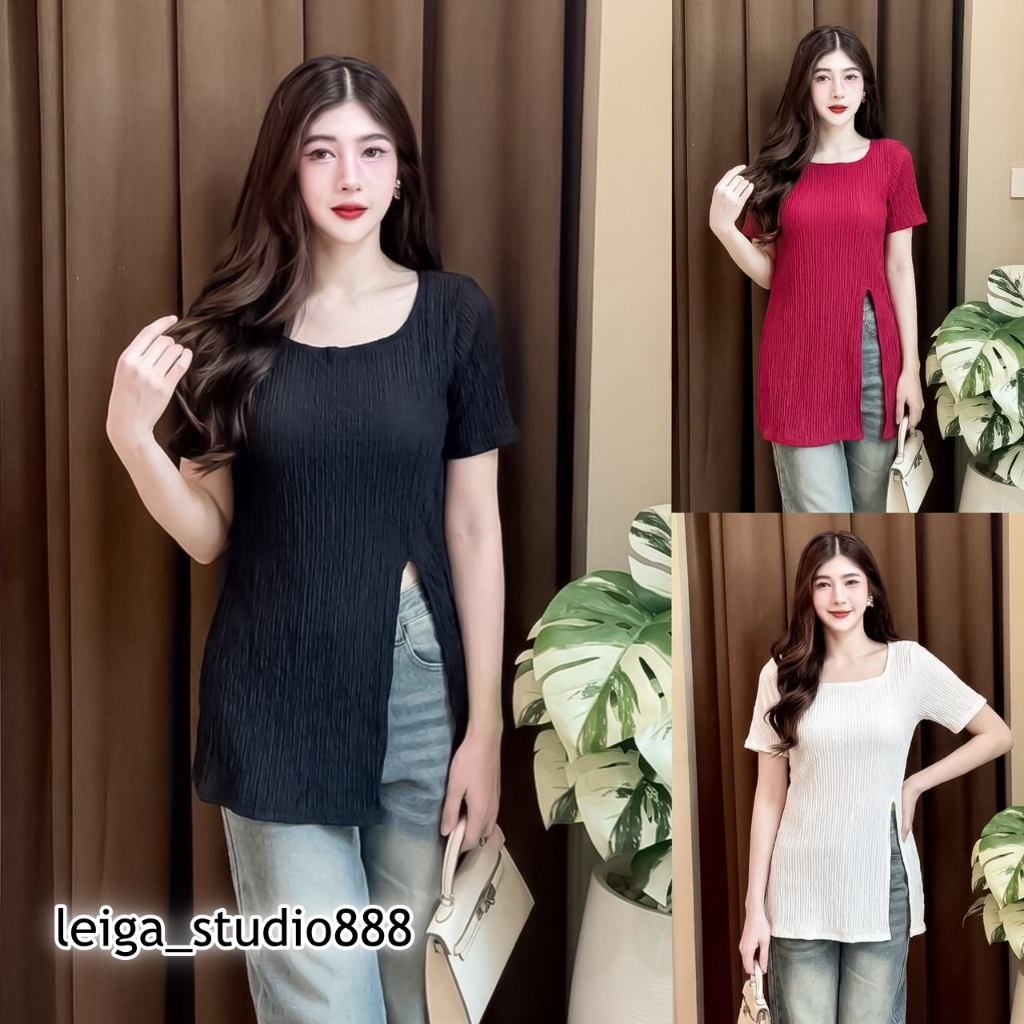 เสื้อแฟชั่น ผ้าเปลือกไม้ ทรงยาว เข้ารูป เสื้อคอกลมแขนสั้น ดีเทลผ่าข้าง สาวอวบใส่ได้ ใส่ทำงาน  ใส่แมท ใส่ออกงาน LG278