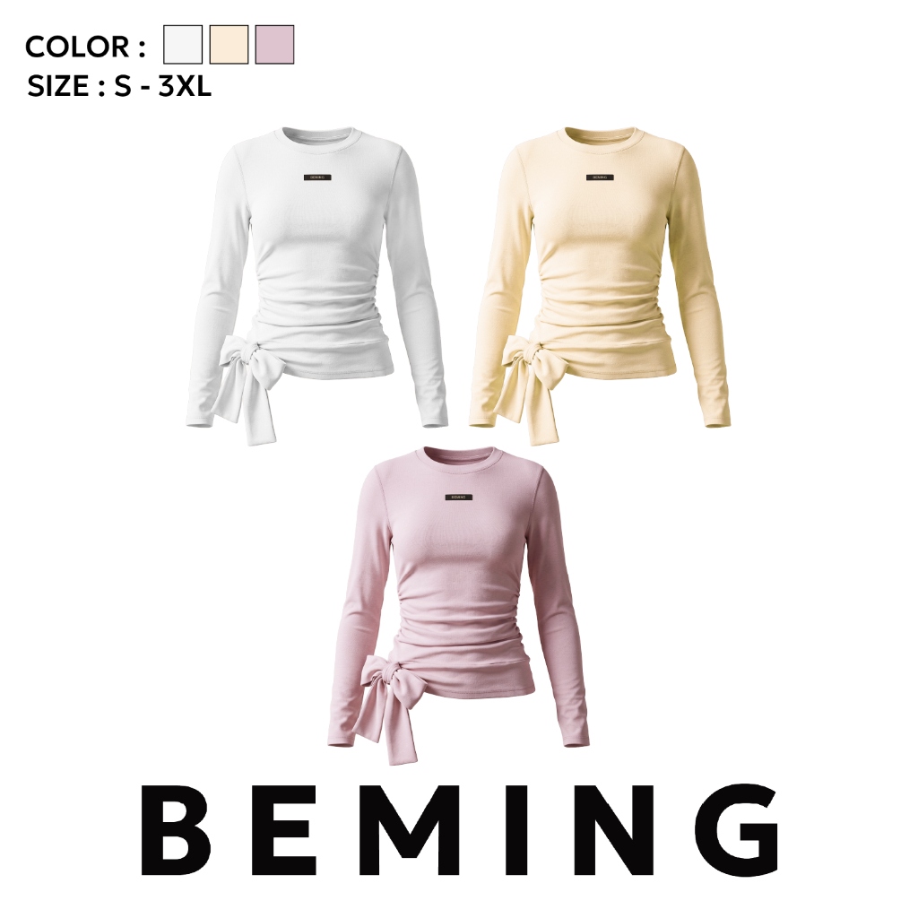 Bemingtop1186(XS-XL) -Biwty Top - เสื้อแขนยาวดีไซน์เรียบมีลูกเล่นดีเทลผูกโบว์ด้านข้าง