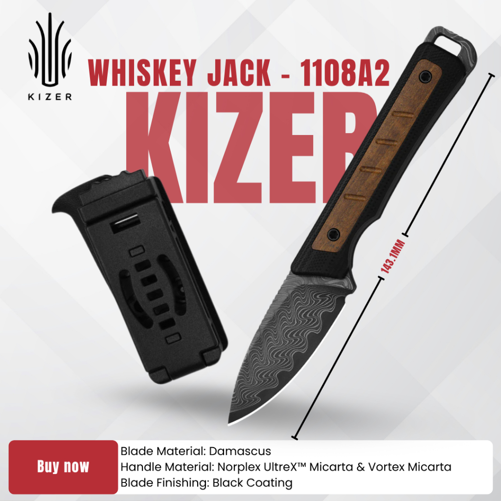 มีดพับ KIZER Whiskey Jack | Damascus | G10 & Mkuruti Wood | 1108A2