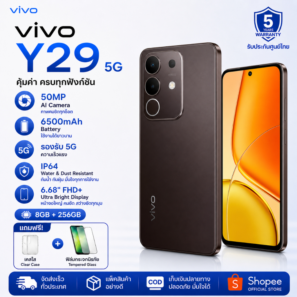 5G Vivo Y29 8/256GB ฟีเจอร์ AI อัจฉริยะ 5G ชิปเซ็ต Snapdragon 685 แบต 6500mAh เครืองใหม่ประกันศูนย์