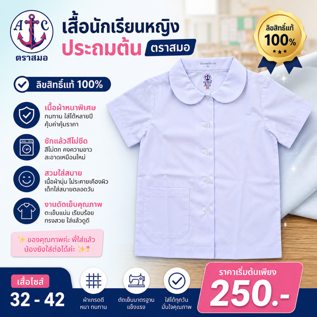 [ มีบิลสำหรับเบิก รร. ให้ค่ะ ] เสื้อนักเรียน บัวกลมแขนเรียบ กล. ตราสมอ รหัส SA1170100