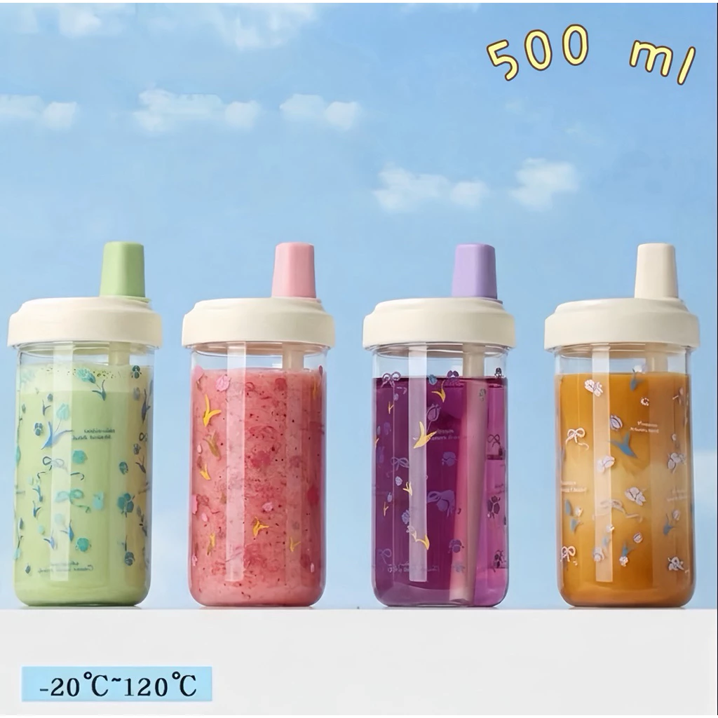 แก้วน้ำ คว่ำไม่หก พร้อมฝาและหลอด 500 มล ใส่ร้อนได้ถึง 120 องศา ลายน่ารัก มินิมอล พร้อมส่ง