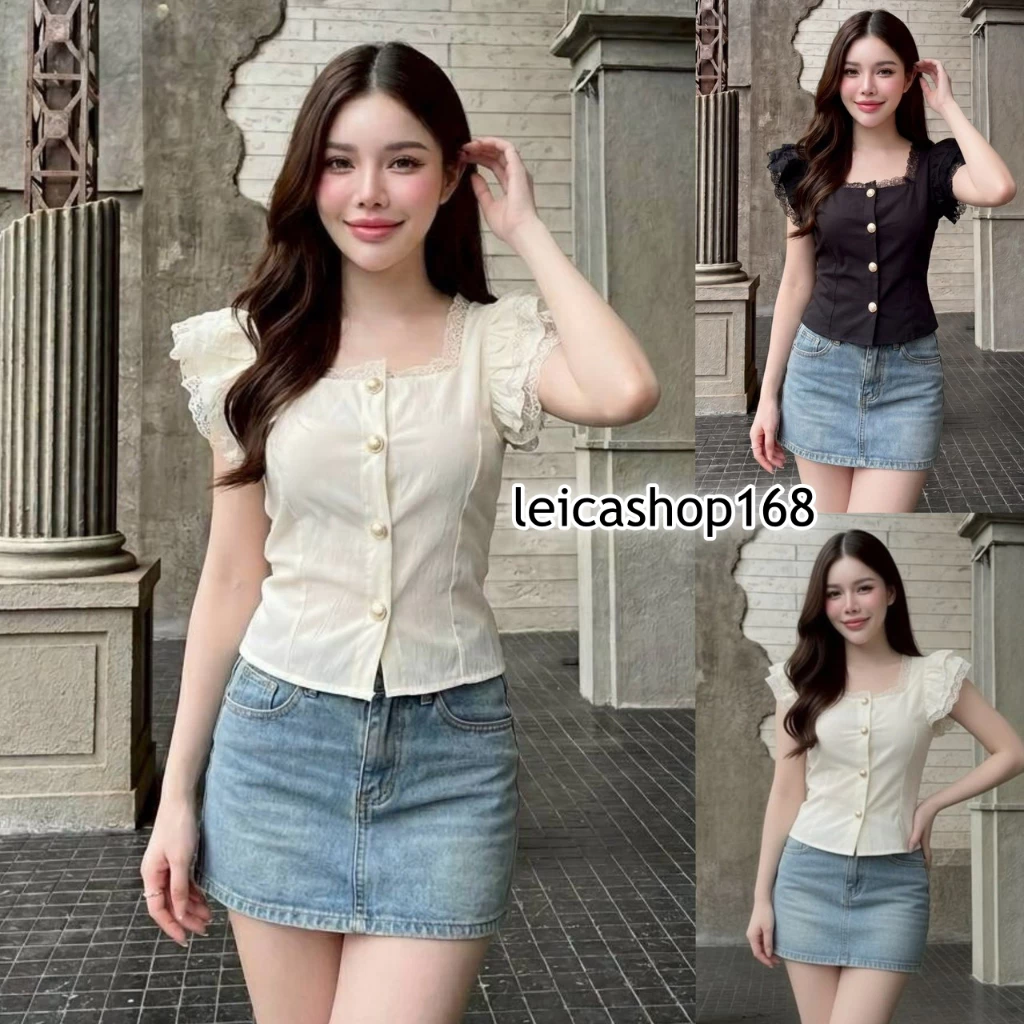 เสื้อแฟชั่นผ้าครัช คอเหลี่ยม แขนระบาย ดีเทลแต่งลูกไม้ กระดุมหน้า สม๊อคหลัง เข้ารูป สไตล์เวียดนาม ใส่แมท LG164