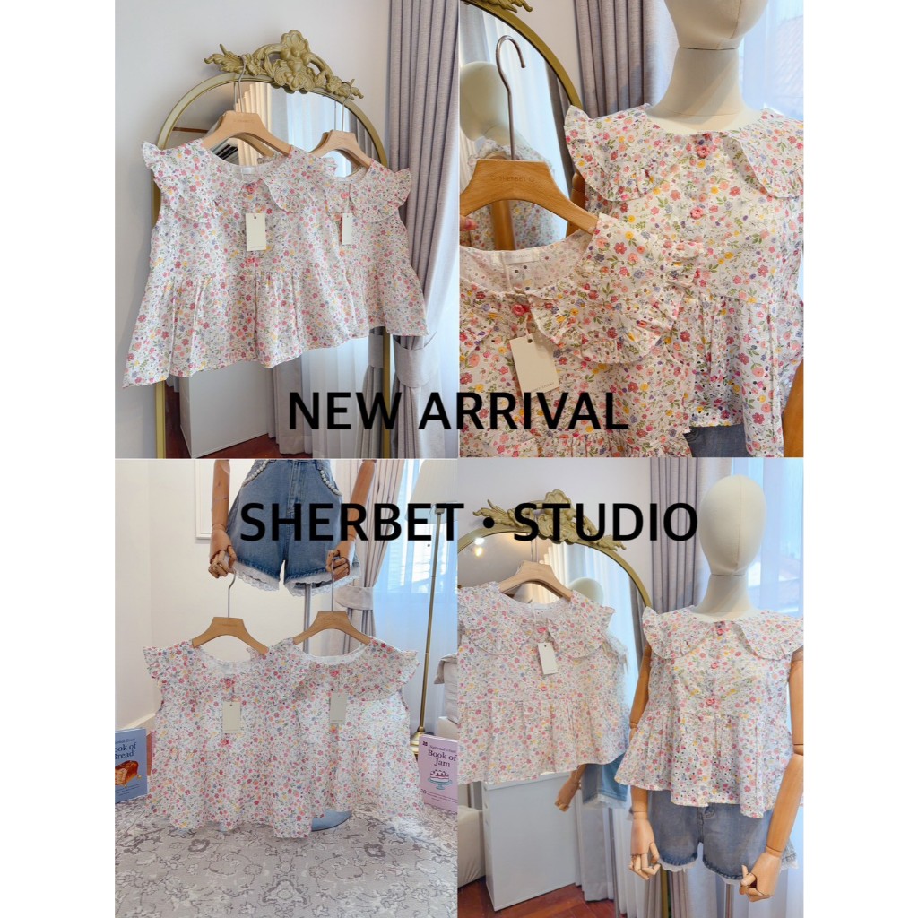 ป้าย Sherbet เสื้อปกบัวแขนตุ๊กตาผ้าปักลายดอกไม้ อก 39 นิ้ว ยาว 18 นิ้ว