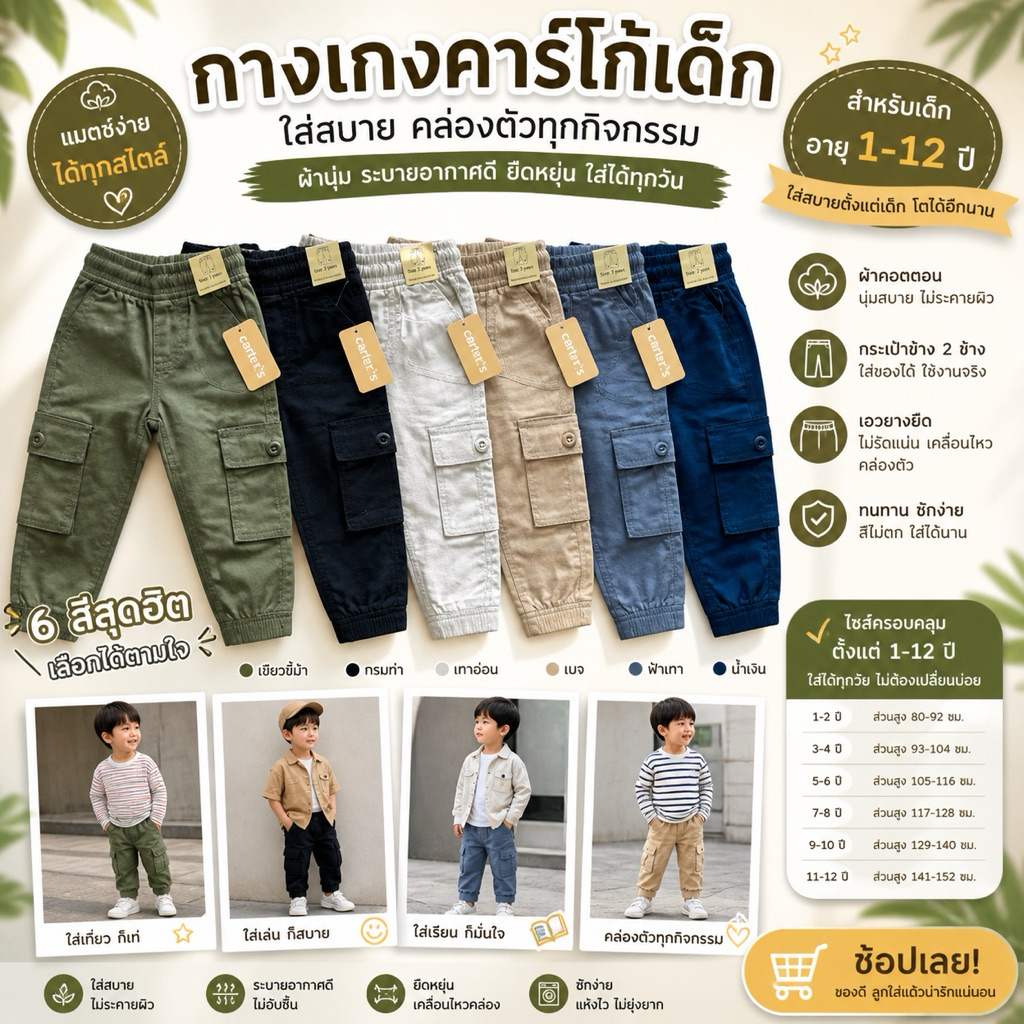 กางเกงขาจั้ม คาร์โก้ 6กระเป๋า Cartter’s เด็ก10-12ปี(ส่งจากไทย🇹🇭)