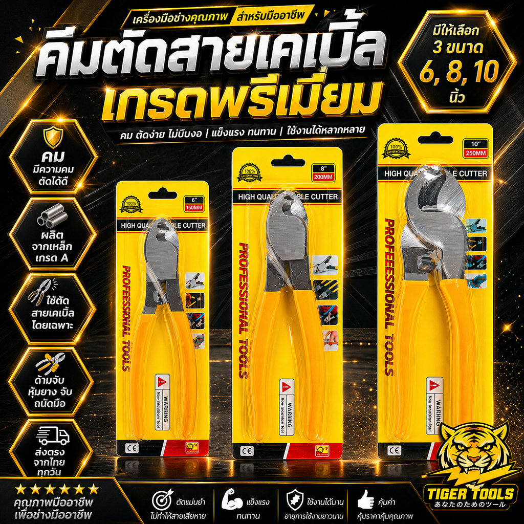 คีมตัดสายเคเบิ้ล 6 นิ้ว 8 นิ้ว 10 นิ้ว ABCX คีมตัดสายเมนไฟฟ้า เคเบิลทองแดง และอลูมิเนียม ทำจากเหล็ก CR-V มีความคม