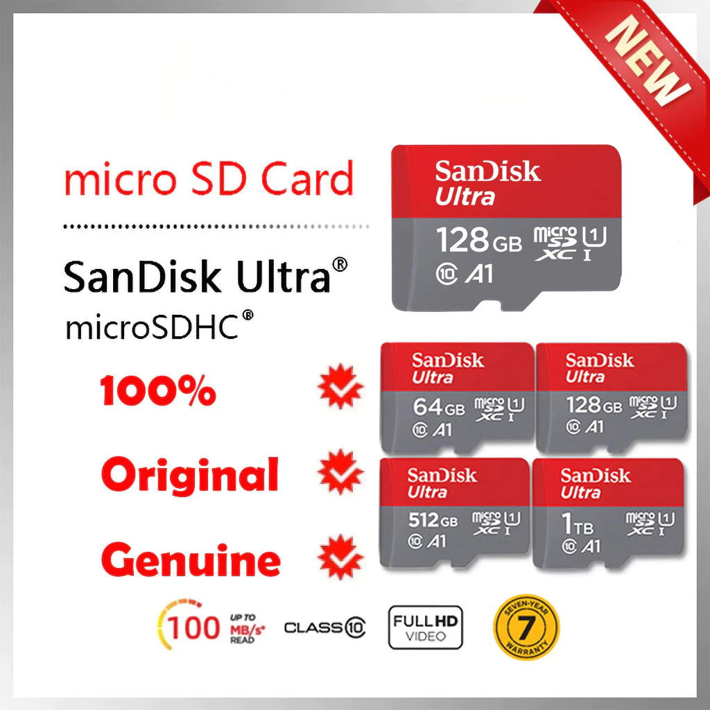 SanDisk Ultra MicroSDXC UHS-I 32GB 64GB 128GB 256GB  512GB 1TB 140 MB/s U1 A1 (SDSQUAB-128G-GN6MN)