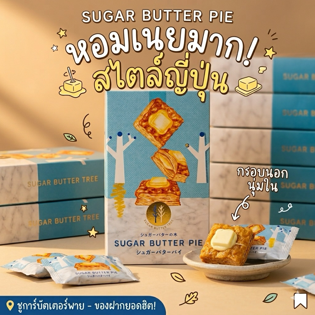 SUGAR BUTTER PIE พายเนยชั้นบางกรอบแบบพัฟ ซ้อนเลเยอร์แน่นกัดแล้ว “กรอบฟู” หอมเนยชัดมาก ไส้ครีมช็อกโกแลตผสมเนย ละลายในปาก