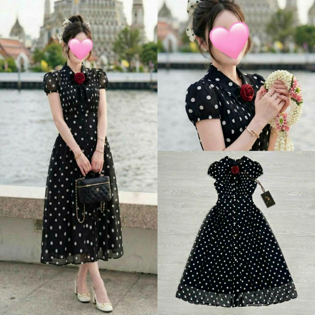 (S-4XL) Si-am พร้อมส่งเดรสยาวคอปก+เข็มกลัดดอกไม้ผ้าชีฟองาดำลายจุดขาว