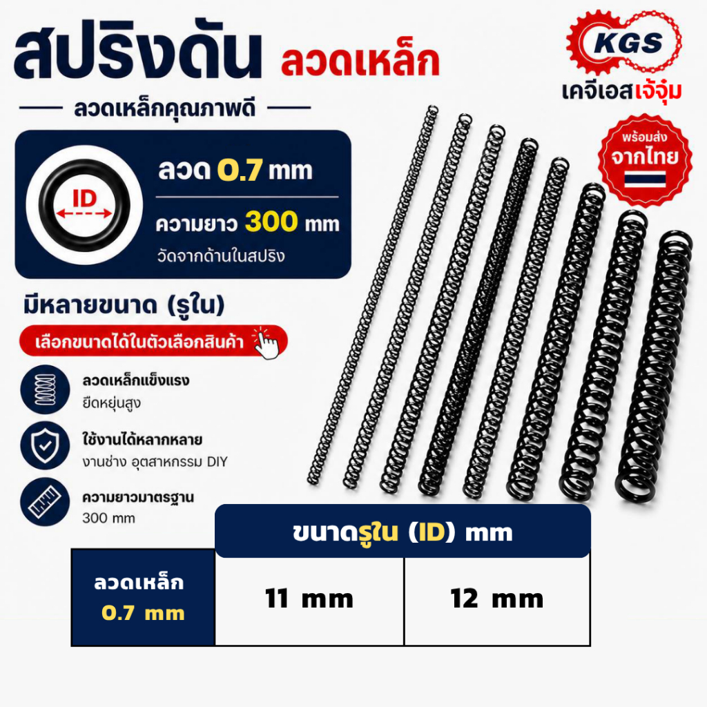 สปริงดัน 0.7 mm ID สปริงกด ลวดเหล็ก ยาว 300 mm มีหลายขนาดรูใน Compression Spring พร้อมส่ง KGS เคจีเอสเจ้จุ๋ม