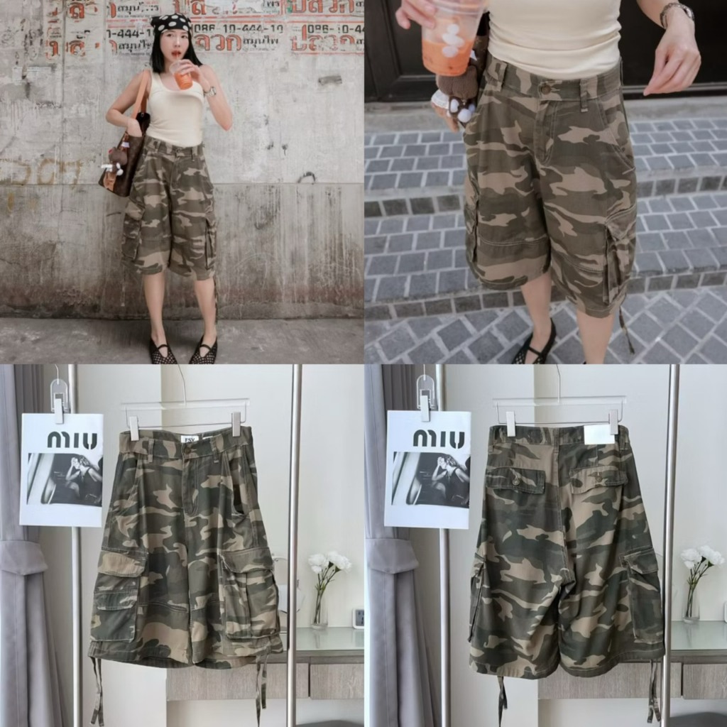 61821 Vintage camo cargo shorts กางเกงผ้ายีนส์บางลายทหาร งานป้าย fsy