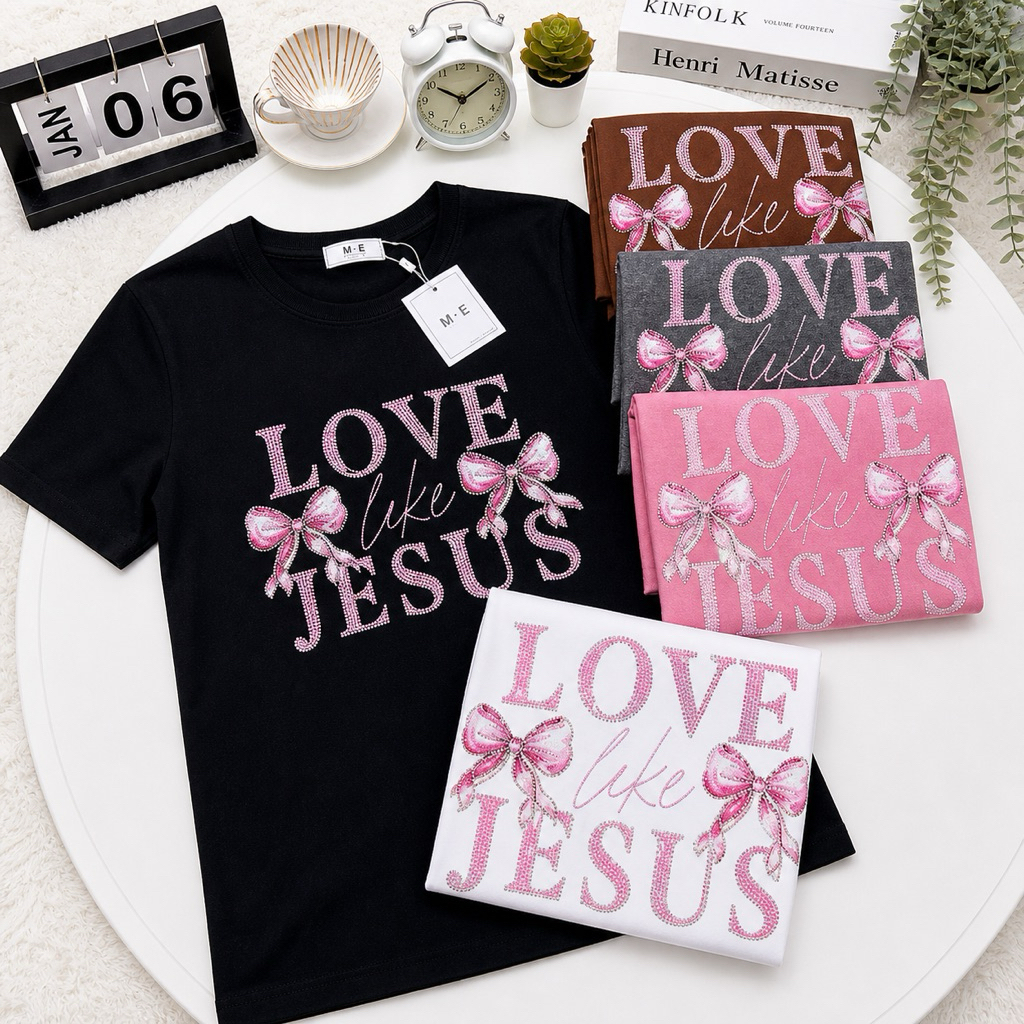 เสื้อยืดคอกลมแขนสั้น รีดเพชรลาย LOVE JESUS ป้าย ME