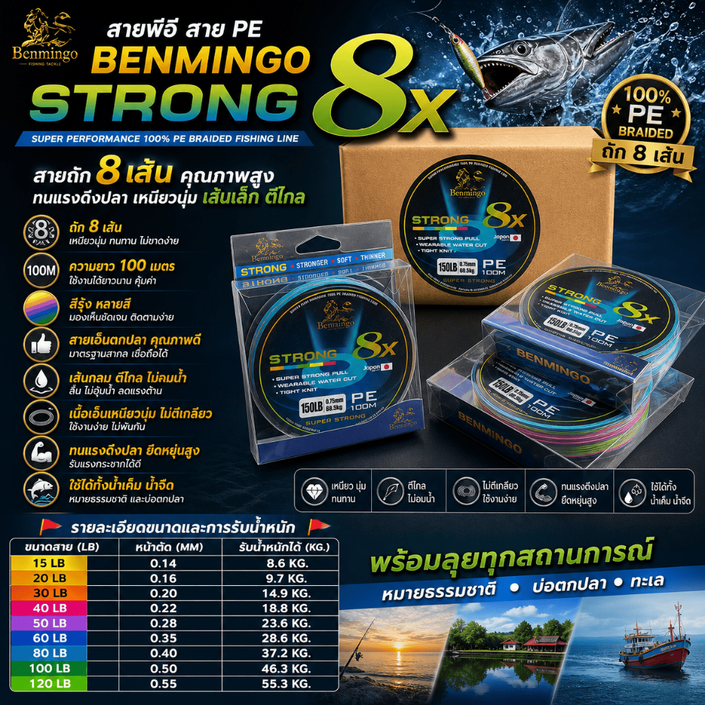 [ ของแท้ ]  เอ็นตกปลา สายพีอี สาย PE Benmingo Strong 8X ความยาว 100 เมตร ถัก 8 เส้น ทนแรงดึงปลา Fishing line