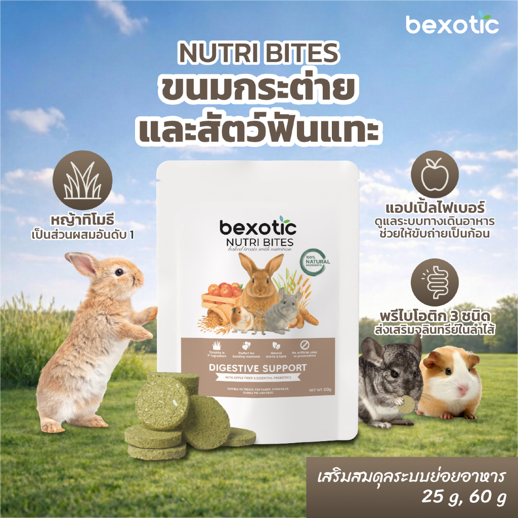 NUTRI BITES สูตร DIGESTIVE SUPPORT ดูแลระบบย่อยอาหาร ขนมกระต่าย แกสบี้ ชินชิลล่าและสัตว์ฟันแทะ