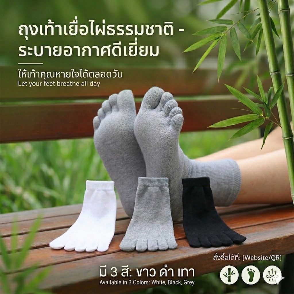 ถุงเท้าเยื่อไผ่ แบบแยกนิ้วป้องกันการอับชื้น ถุงเท้าเพื่อสุขภาพของเท้าและระบายอากาศได้ดี