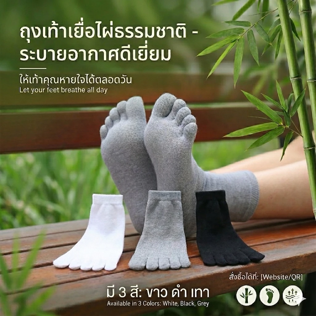 ถุงเท้าเยื่อไผ่ 1ชุด5คู่แบบแยกนิ้วป้องกันการอับชื้น ถุงเท้าเพื่อสุขภาพของเท้าและระบายอากาศได้ดี