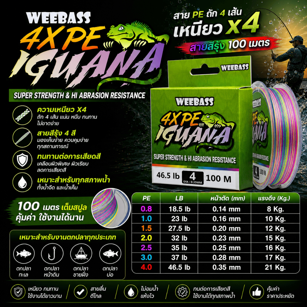 [ ของแท้ ]  สาย PE Weebass IGUANA x4 ความยาว 100 เมตร สายสีรุ้ง เหนียว ทนทาน Fishing Line
