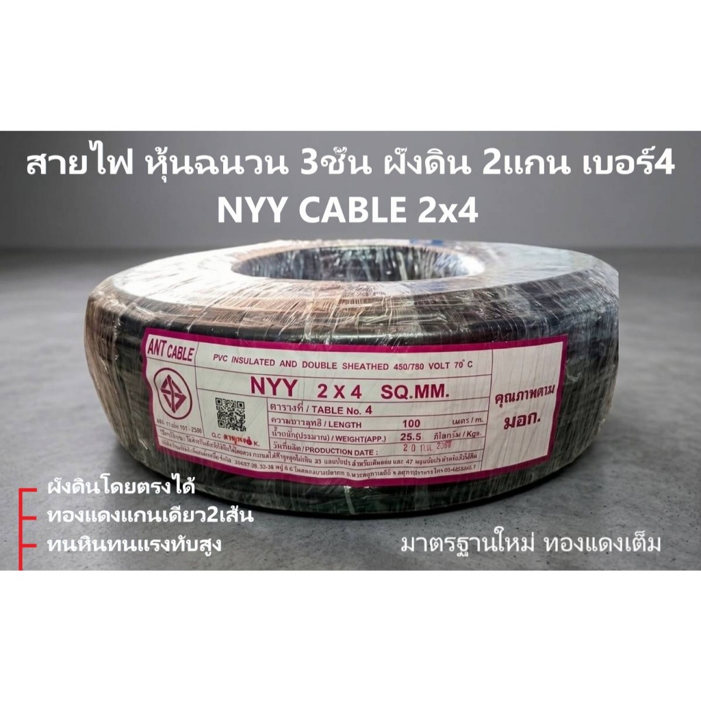 ANT สายไฟ ฝังดิน หุ้นฉนวน3ชั้น NYY 2x4 ม้วน 100เมตร 450/750 ฝังดินโดยตรงได้ ทนแรงอัดและความชื้นสูง