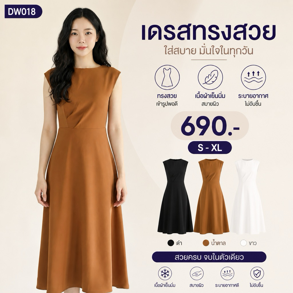 DW018# มิดี้เดรสเกาหลี แขนล้ำ จีบอก กระโปรงบาน ชุดทำงานใส่สบาย ชุดทำงานผู้หญิง แฟชั่นสาวออฟฟิศ