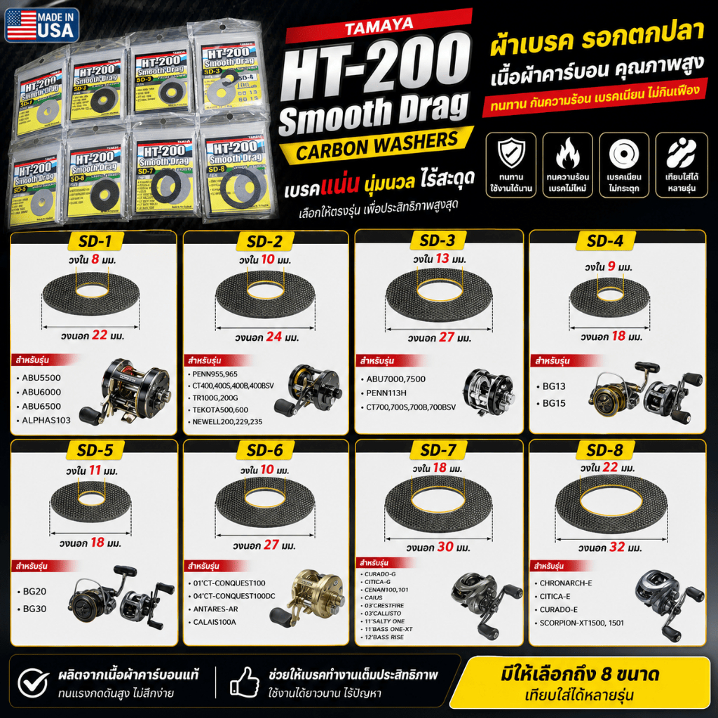 [ ของแท้ ]  ผ้าเบรค รอกตกปลา TAMAYA HT-200 เนื้อผ้าคาร์บอน สามารถเทียบใส่ได้หลายรุ่น Brake pads