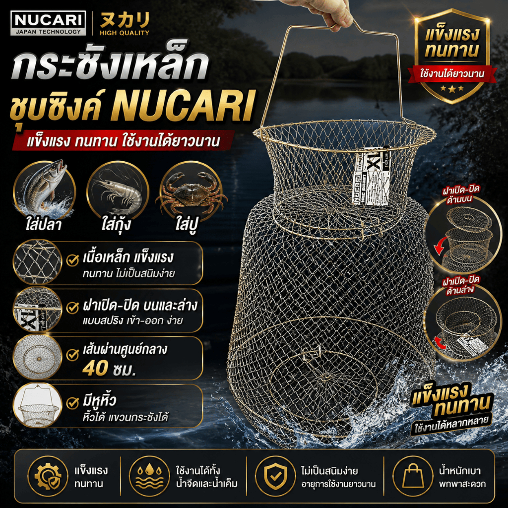 [ ของแท้ ]  กระชังเหล็กชุบซิงค์ NUCARI ฝาเปิด-ปิด แบบสปริง แข็งแรง Fishing
