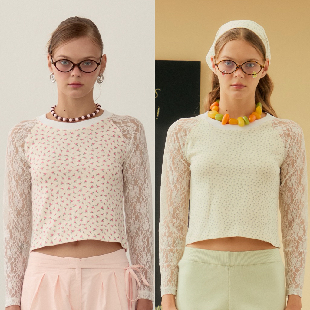 Cherie Lace Long Sleeve เสื้อยืดแขนยาวพิมพ์ลายดอก ตัดต่อแขนด้วยผ้าลูกไม้