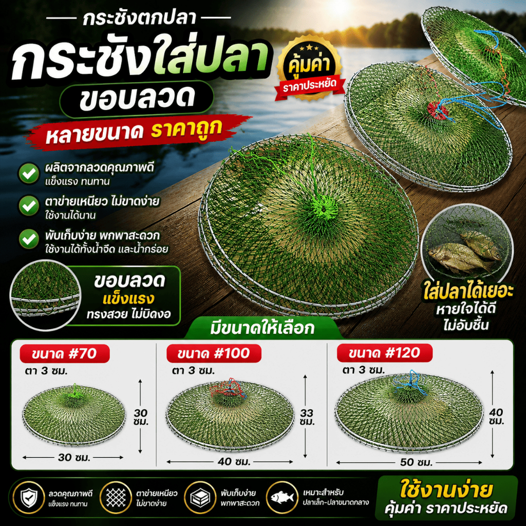 [ ของแท้ ]  กระชังใส่ปลา กระชังตกปลา กระชังขอบลวด ขนาดตา 3 ซม. ผลิตจากลวดคุณภาพดีแข็งแรง Stew