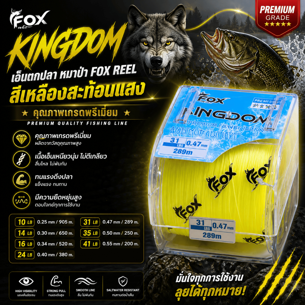[ ของแท้ ]  เอ็นตกปลา หมาป่า FOX REEL Kingdom สีเหลืองสะท้อนแสง คุณภาพเกรดพรีเมี่ยม 🐺🦊 Fishing Line