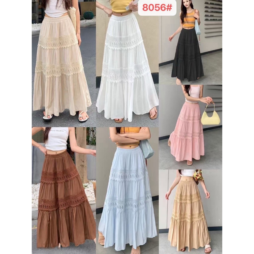 7353 #กระโปรงยาวผ้าคอลตอน แต่งลูกไม้สวยๆสลับผ้าคอตตอน มีซับในเอวยางยืด #8056