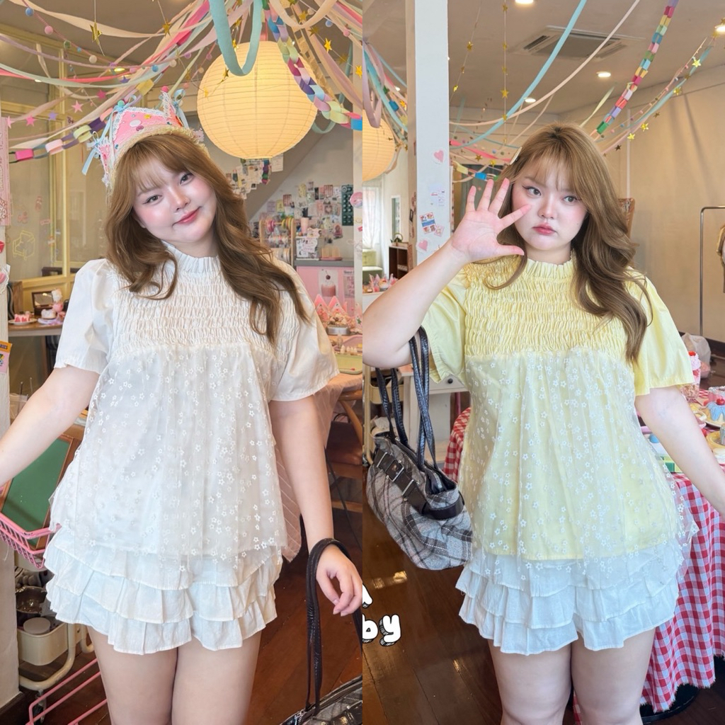 /JR/เสื้อคอกลมสม็อคอก ไซส์อก38-50 ผ้าคอตตอนแต่งผ้ามุ้งดอกไม้ มีเชือกผูกกระชับด้านหลัง น่ารักมาก #สาวอวบ