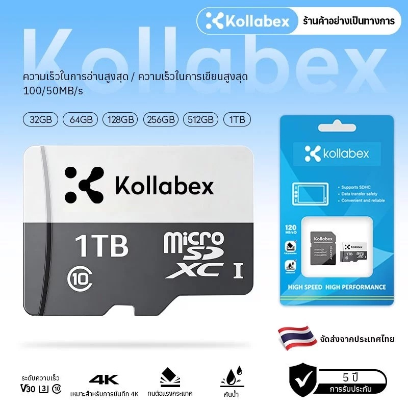 Kollabex Micro SD TF การ์ดหน่วยความจำ 32GB 64GB 128GB 256GB 512GB 1TB สำหรับกล้องเฝ้าระวัง เครื่องเสียงรถยนต์ มือถือ