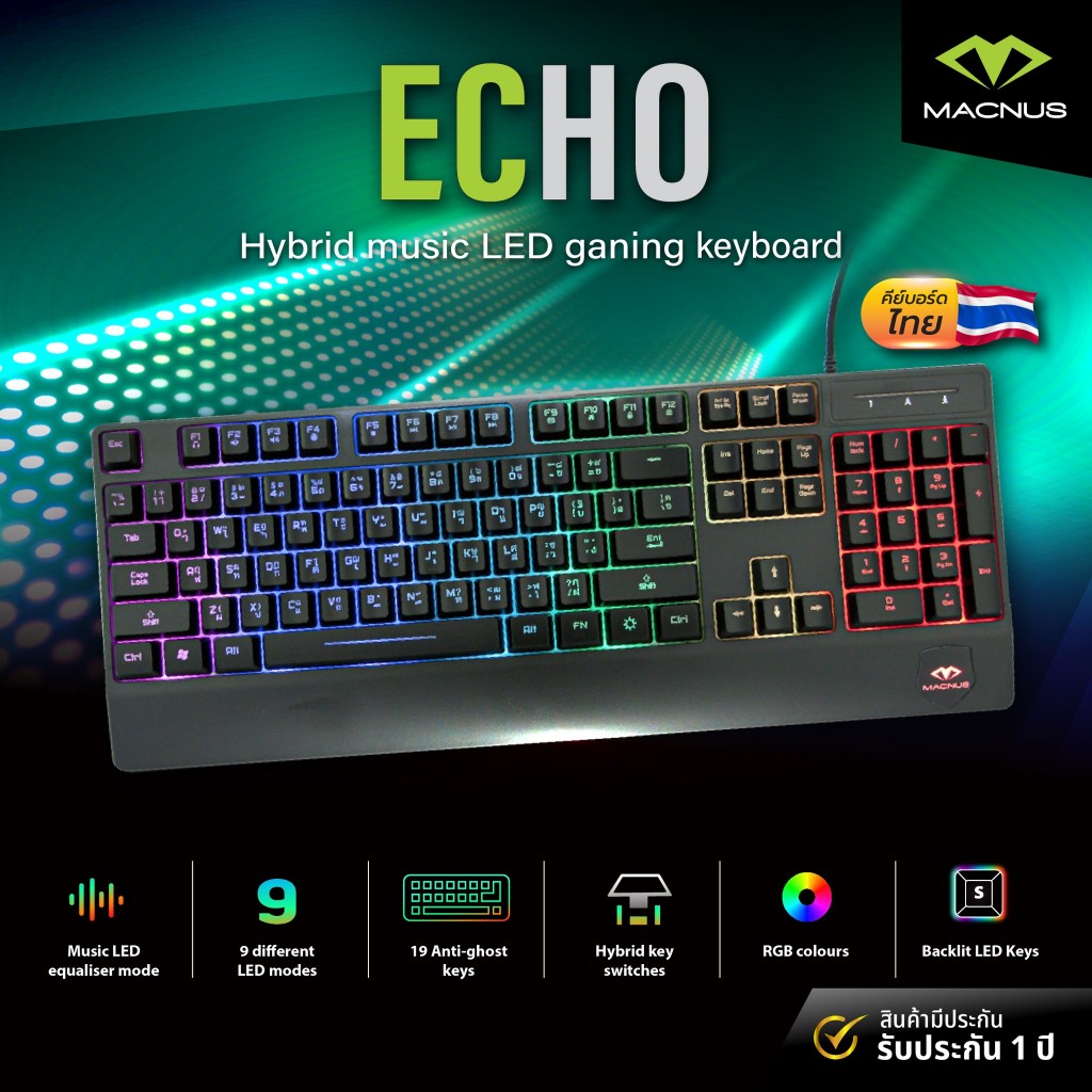 Best Seller!! คีย์บอร์ดเกมส์มิ่ง ยี่ห้อ MACNUS รุ่น ECHO HYBRID MUSIC LED GAMING KEYBOARD
