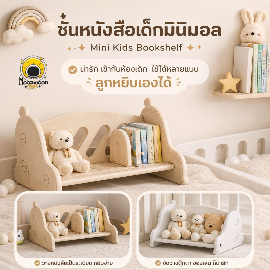 พร้อมส่งชั้นวางหนังสือเด็ก มินิมอล สีเบจ/ขาว มุมโค้งมน ปลอดภัย หยิบง่าย จัดระเบียบของเล่น