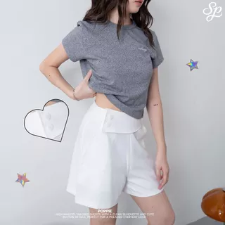 Poppie_SP125 กางเกงขาสั้นเอวสูง ซิปหลัง ป้ายข้าง กระดุมหัวใจ ใส่สบายสไตล์เกาหลี