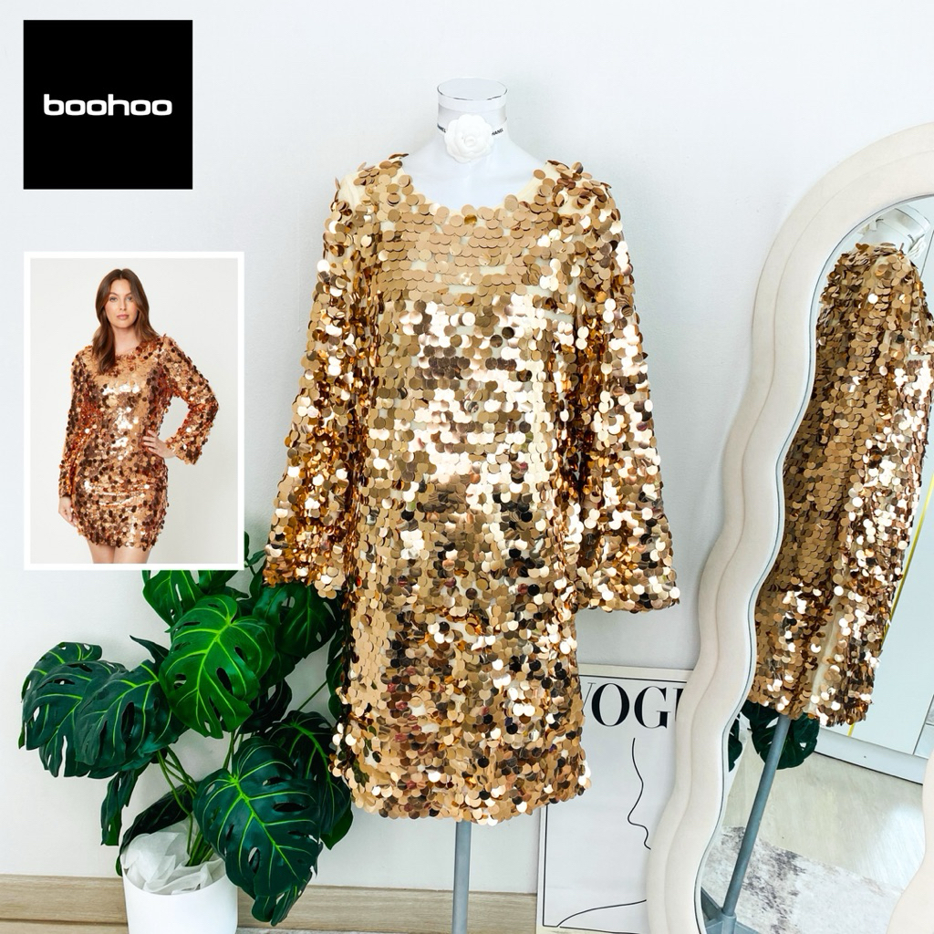 ไซด์ XL มือ1 แบรนด์ boohoo แท้100%🌸เดรส เกล็ดหูช้าง พลัสไซด์ งานเกล็ดวิบวับ สีโรสโกล เดรสออกงาน ชุดป