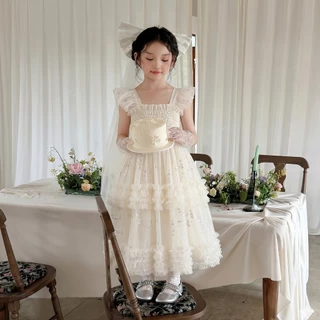 เด็กผู้หญิงชุดเดรสลูกไม้ ประดับไข่มุก ชุดออกงานสวยมากผ้าไม่คัน ชุดไปงานแต่งเด็ก