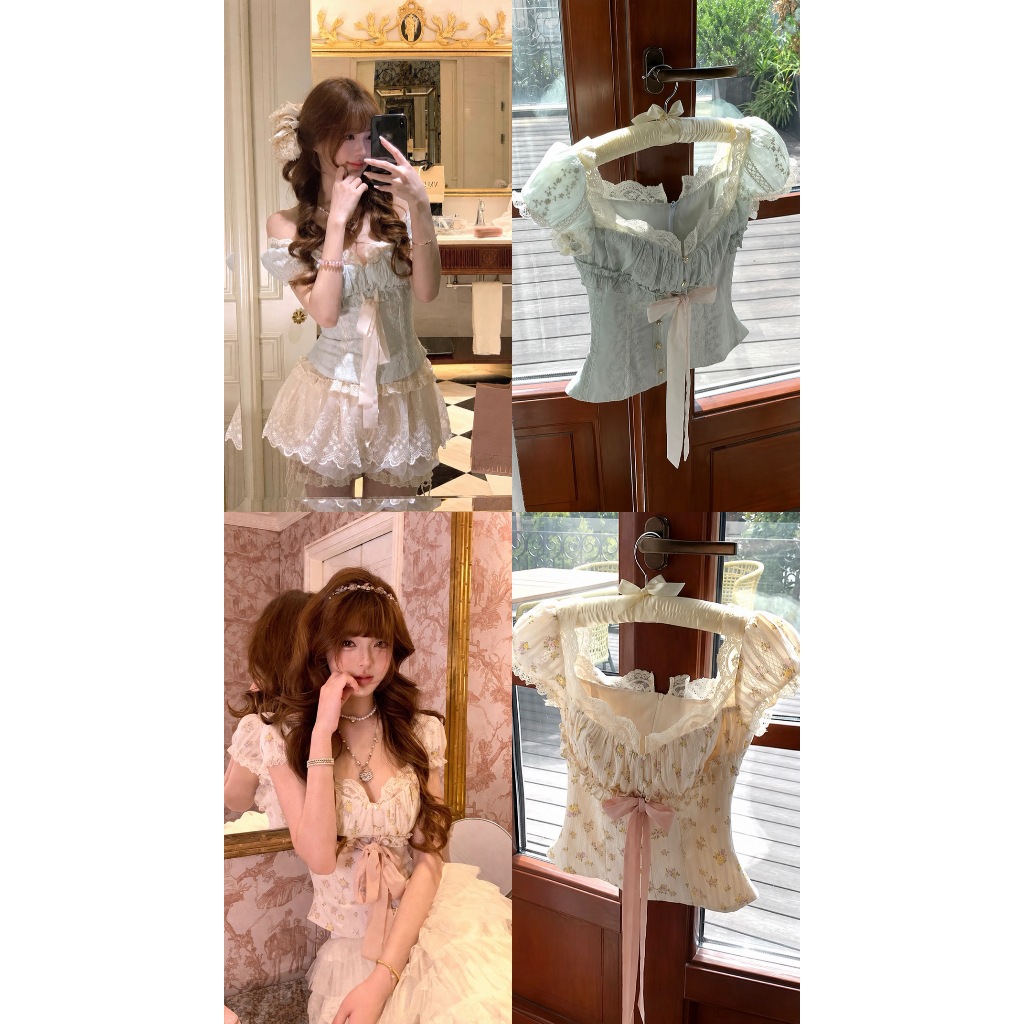 เสื้อครอปลูกคุณ ผ้าคอตตอน100% ลายดอก ปักลาย แขนพอง ผูกโบว์อก ลุคหวานละมุน🌸 พร้อมส่งจากไทย🇹🇭