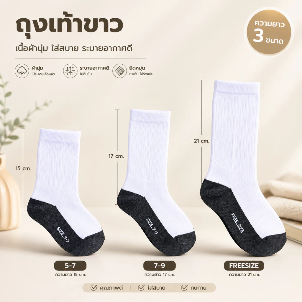 ถุงเท้านักเรียนสีขาวพื้นเทายาวครึ่งแข้ง(6 คู่/12คู่)เนื้อหนา นุ่ม ขนาด 5-7 7-9 และ FREESIZE ยาวแข้งพื้นเทา