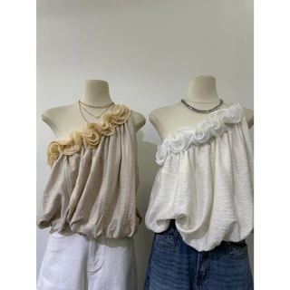 M2135 เสื้อไหล่เดี่ยวแต่งระบาย Floral Ruffle ปลายจั๊มสุดคิ้วท์