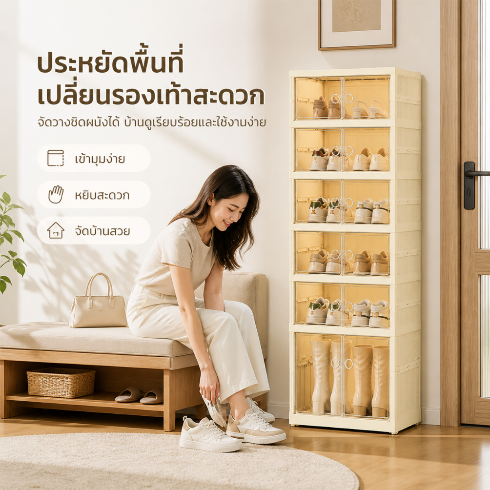 ตู้รองเท้าพับได้ 3/6/9 ชั้น วัสดุ PP ประตูใส มองเห็นง่าย ประตูแม่เหล็ก กันชื้น สำหรับทางเข้า