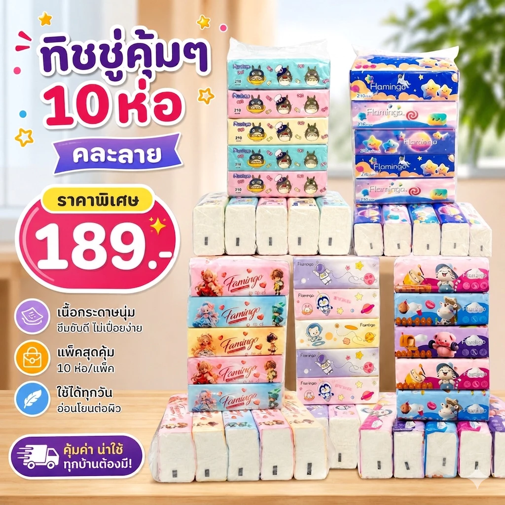 50ห่อ ทิชชู่คละลายนะตัวนี้ ลายน่ารัก หนา 2 ชั้น ทำความสะอาด เช็ดหน้า