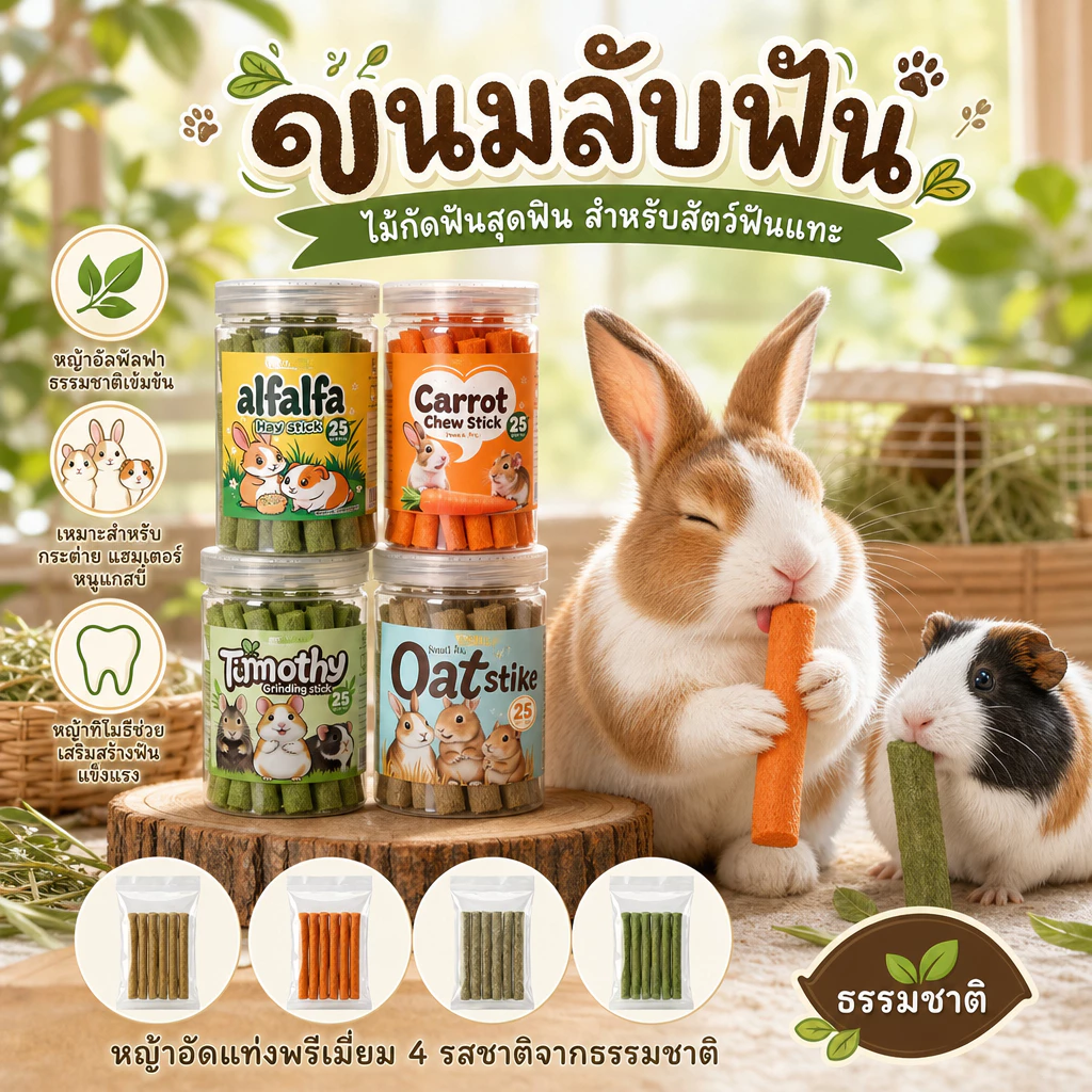 🐰 หญ้าอัดแท่ง PETLUSCI ลับฟันสัตว์ฟันแทะ ทิโมธี โอ๊ต อัลฟัลฟ่า แครอท 100% ธรรมชาติ ขนมกระต่าย 🌿