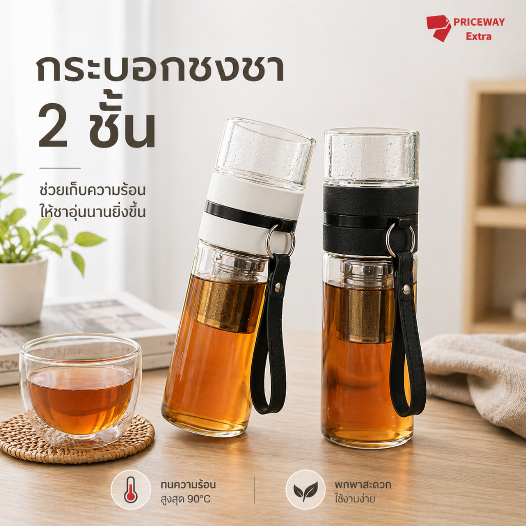 กระบอกแก้วชงชา 2 ชั้น มีที่กรอง ทนความร้อน มีหูหิ้ว พกพาง่าย รุ่น WB018