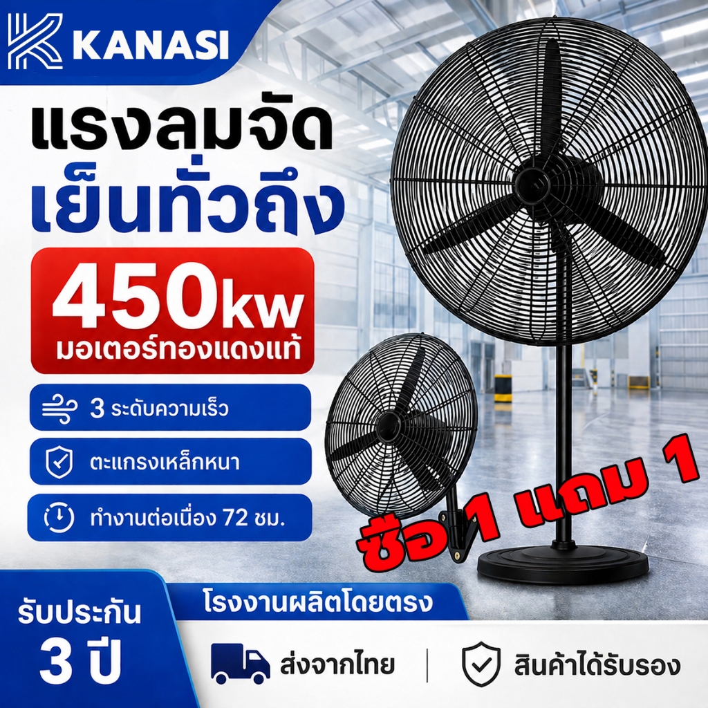 พัดลมอุตสาหกรรม 35นิ้ว พัดลมตั้งพื้น พัดลมติดผนัง ลมแรง กำลังสูง ประหยัดไฟ พัดลมโรงงาน พัดลมโกดัง รับรองTIS
