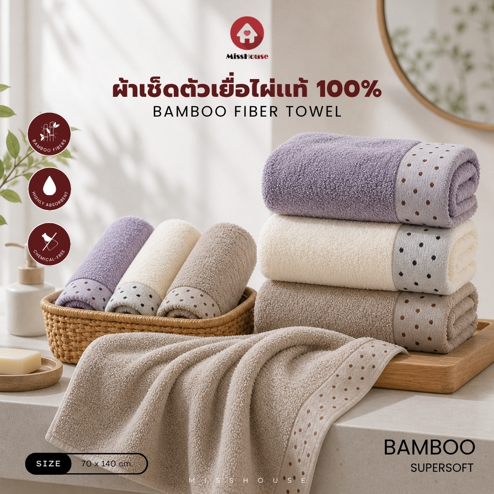 Bamboo Towel 100% ผ้าเช็ดตัวเยื่อไผ่แท้ ขนาด70*140cm.เฉพาะผ้าเช็ดตัว1ผืน เท่านั้น