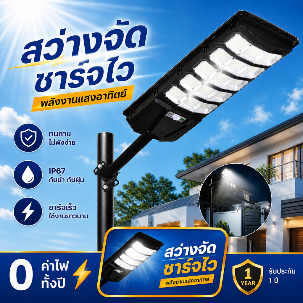 โซล่าเซลล์ ไฟถนน 120000W  ไฟโซล่าเซลล์ IP67 กันน้ำและกันฟ้าผ่ Solar Light แสงสีขาว ระบบเซนเซอร์